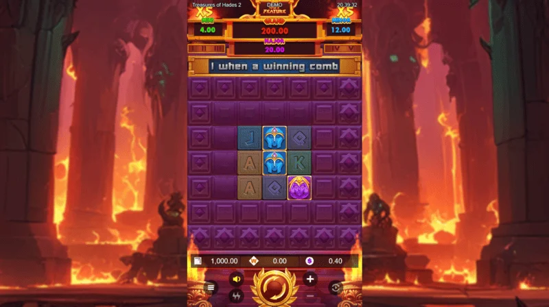 Treasures of Hades 2 — ecranul principal de joc al slotului cu role 3×3 și 20 de betways de la Rectangle Games